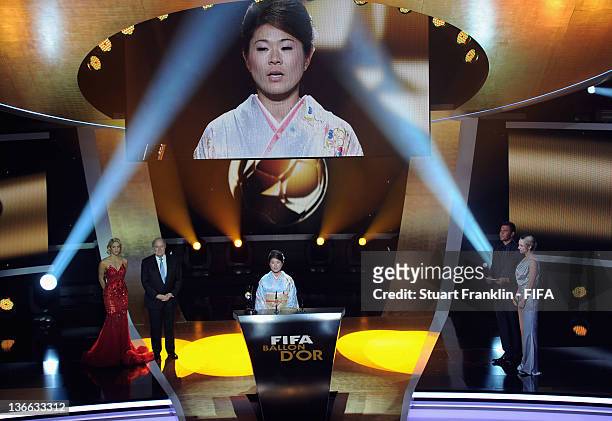 Homare Sawa of Japan receives the FIFA Women's World Player of the Year award during the FIFA Ballon d'Or Gala 2011 at the Kongresshaus on January...