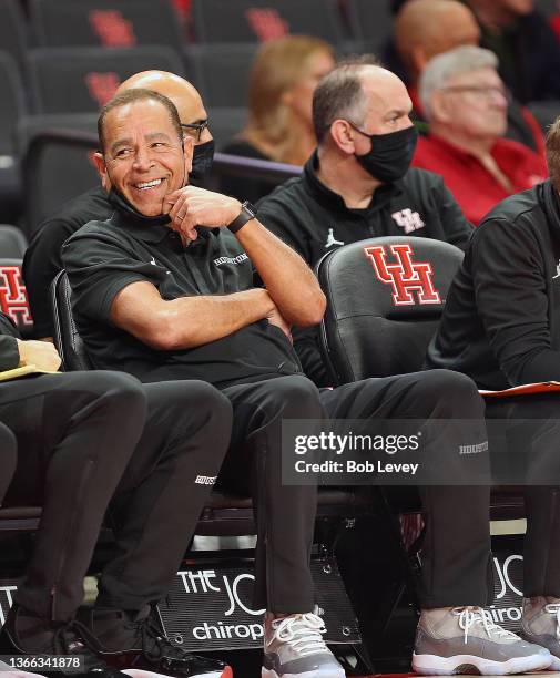 Head Coach Kelvin Sampson of the Houston Cougars sits on the bench against the East Carolina Pirates during the second half at Fertitta Center on...