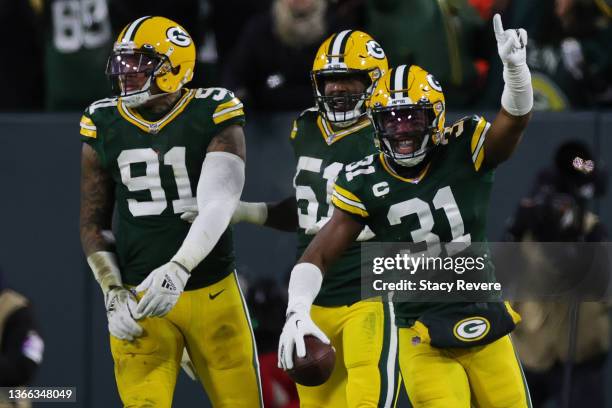 Safety Adrian Amos of the Green Bay Packers reacts after intercepting a pass intended for tight end George Kittle of the San Francisco 49ers during...