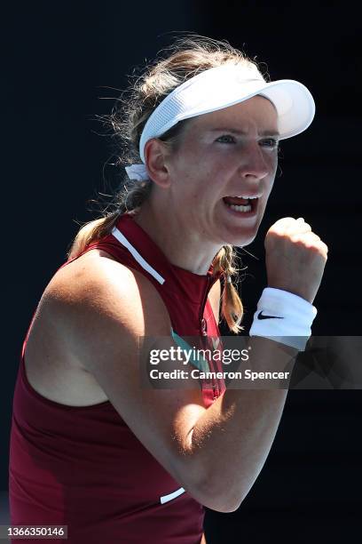 Victoria Azarenka of Belarus celebrates after winning a point in her fourth round singles match against Barbora Krejcikova of Czech Republic during...