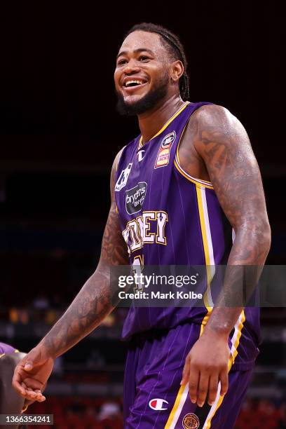 Jarell Martin of the Kings share a joke with a team mate during the round eight NBL match between Sydney Kings and Brisbane Bullets at Qudos Bank...