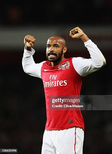 Thierry Henry of Arsenal celebrates at the end of the FA Cup Third Round match between Arsenal and Leeds United at the Emirates Stadium on January 9,...