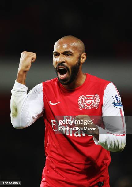 Thierry Henry of Arsenal celebrates at the end of the FA Cup Third Round match between Arsenal and Leeds United at the Emirates Stadium on January 9,...