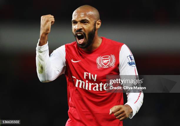 Thierry Henry of Arsenal celebrates at the end of the FA Cup Third Round match between Arsenal and Leeds United at the Emirates Stadium on January 9,...