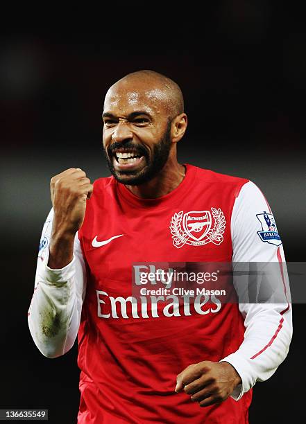 Thierry Henry of Arsenal celebrates at the end of the FA Cup Third Round match between Arsenal and Leeds United at the Emirates Stadium on January 9,...