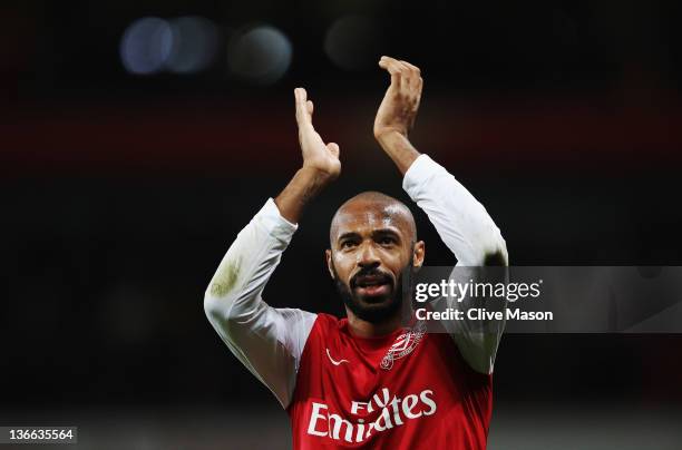 Thierry Henry of Arsenal celebrates at the end of the FA Cup Third Round match between Arsenal and Leeds United at the Emirates Stadium on January 9,...