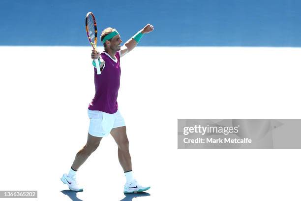 Rafael Nadal of Spain celebrates match point in his fourth round singles match against Adrian Mannarino of France during day seven of the 2022...