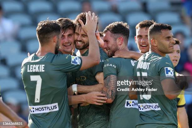 Carl Jenkinson of Melbourne City celebrates his goal wirth team mates during the round 11 A-League match between Central Coast Mariners and Melbourne...