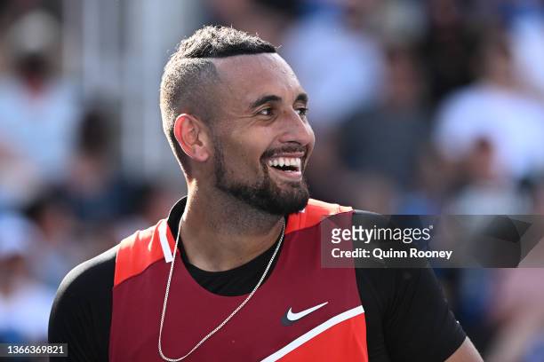 Nick Kyrgios of Australia rea in his third round doubles match with Thanasi Kokkinakis of Australia against Ariel Behar of Uruguay and Gonzalo...