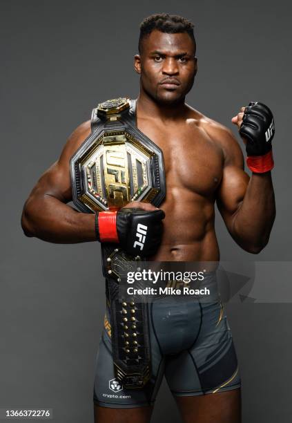 Francis Ngannou of Cameroon poses for a portrait after his victory during the UFC 270 event at Honda Center on January 22, 2022 in Anaheim,...