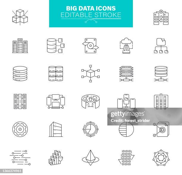 big data icons editable stroke. contains such icons as settings, data science, big data, artificial intelligence, statistics - excel spreadsheet stock illustrations