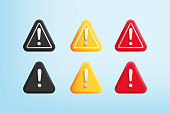 3D cartoon style of Emergency Triangle Warning Sign set collection in black yellow red color including exclamation mark, with shadow highlight effect.