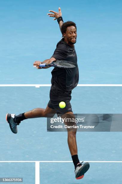 Gael Monfils of France plays a backhand in his fourth round singles match against Miomir Kecmanovic of Serbia during day seven of the 2022 Australian...