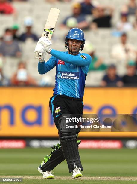 Alex Carey of the Strikers bats during the Men's Big Bash League match between the Sydney Thunder and the Adelaide Strikers at Melbourne Cricket...