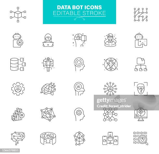 data bot icons bearbeitbare kontur. enthält symbole wie machine learning, künstliche intelligenz, roboter, computersprache - artificial intelligence marketer stock-grafiken, -clipart, -cartoons und -symbole