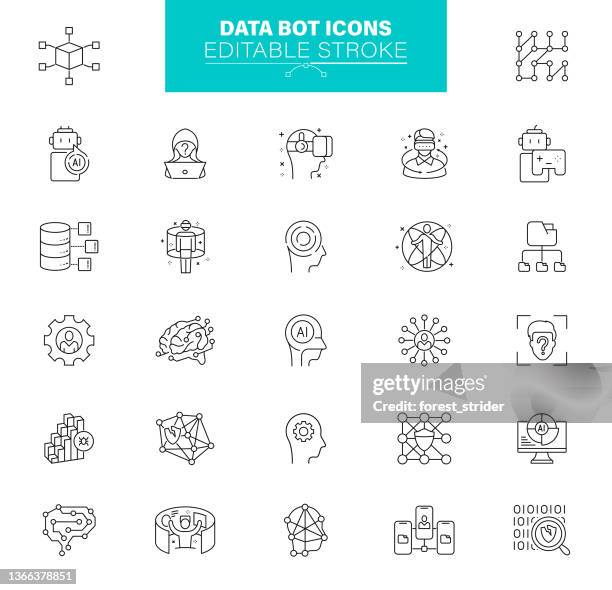 illustrazioni stock, clip art, cartoni animati e icone di tendenza di data bot icons tratto modificabile. contiene icone come machine learning, intelligenza artificiale, robot, linguaggio informatico - digital transformation