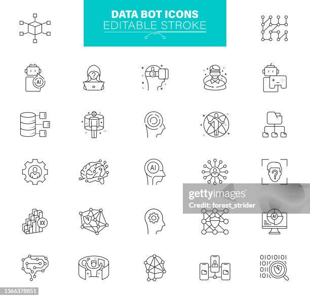 data bot icons editable stroke. contains such icons as machine learning, artificial intelligence, robot, computer language - robotics stock illustrations