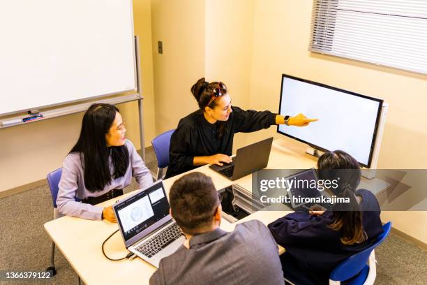 a group of four asians have a meeting while looking at a computer monitor. - person with in front of screen stockfoto's en -beelden