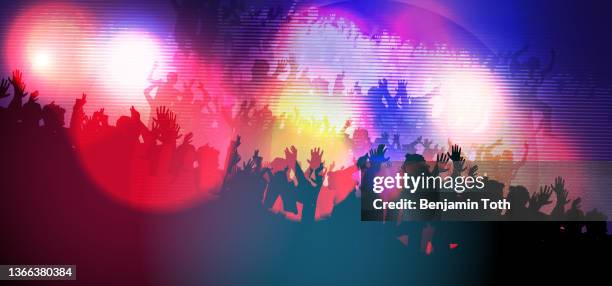 illustrazioni stock, clip art, cartoni animati e icone di tendenza di sfondo della folla della festa di danza al neon - concerto di musica pop