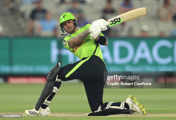 Alex Hales of the Thunder bats during the Men's Big Bash League match between the Sydney Thunder and the Adelaide Strikers at Melbourne Cricket...