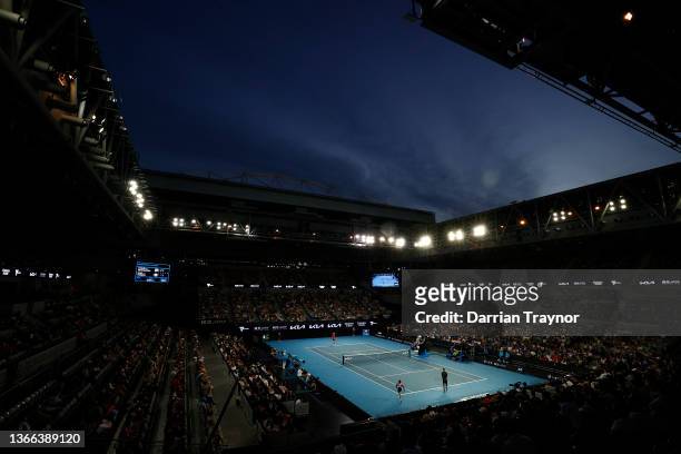General view of the fourth round singles match between Gael Monfils of France and Miomir Kecmanovic of Serbia played on John Cain Arena during day...