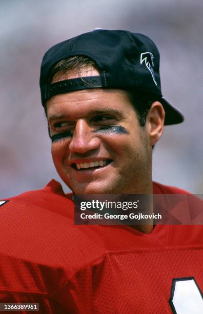 Quarterback Jeff George of the Atlanta Falcons looks on from the sideline during a preseason game against the San Diego Chargers at Fawcett Stadium...