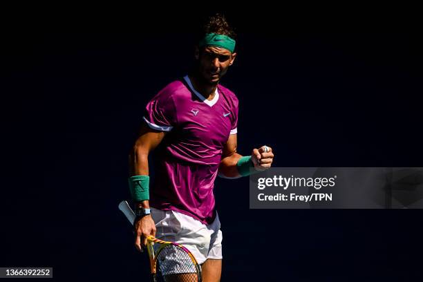 Rafael Nadal of Spain celebrates his victory over Adrian Mannarino of France during day seven of the 2022 Australian Open at Melbourne Park on...