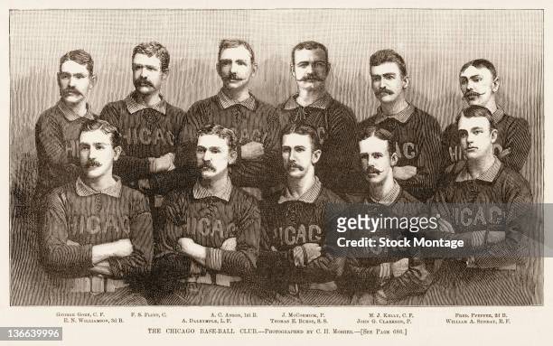 Illustration from Harper's Weekly is a team portrait of the Chicago White Stockings baseball team, 1885. The team, the National League champions, are...