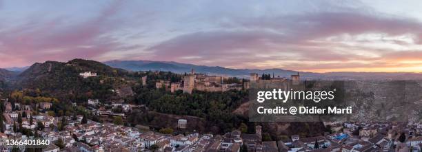 aerial panorama of the granada old town and the alhambra, andalucia, spain - alhambra spanien bildbanksfoton och bilder