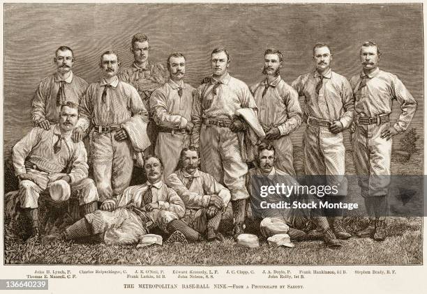 Illustration from Harper's Weekly is a team portrait of the New York Metropolitans minor league baseball team, 1882. Pictured are, standing from...