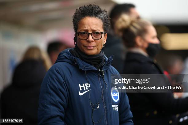 Hope Powell, Manager of Brighton & Hove Albion looks on prior to the Barclays FA Women's Super League match between Brighton & Hove Albion Women and...