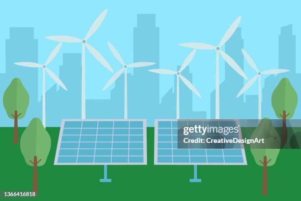 clean energy concept with solar panels and wind turbines. - solar farm landscape stock illustrations