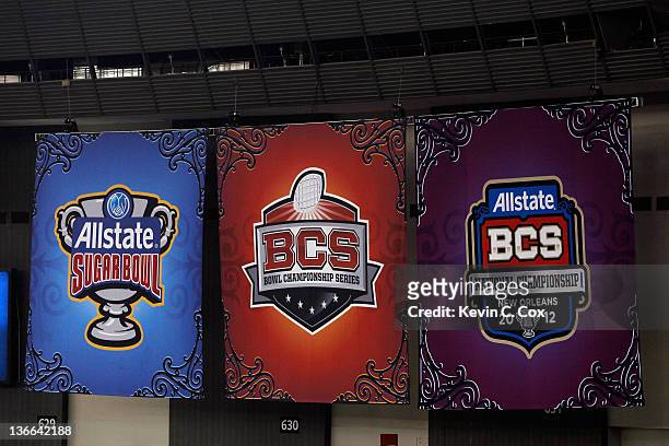 Official Sugar Bowl signage, BCS Championship Game signage and BCS Bowl Series signage is seen while the Virginia Tech Hokies play against the...