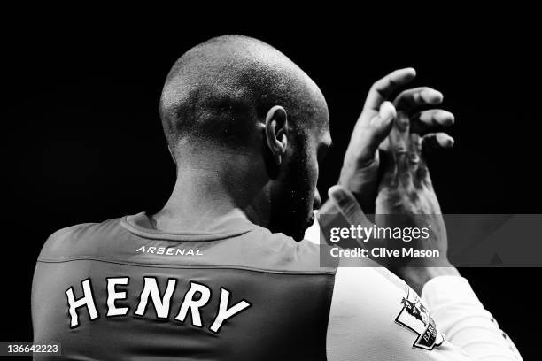 Thierry Henry of Arsenal celebrates at the end of the FA Cup Third Round match between Arsenal and Leeds United at the Emirates Stadium on January 9,...