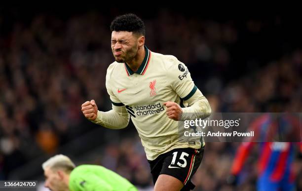 Alex Oxlade-Chamberlain of Liverpool celebrates after scoring the second goal during the Premier League match between Crystal Palace and Liverpool at...