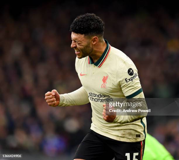Alex Oxlade-Chamberlain of Liverpool celebrates after scoring the second goal during the Premier League match between Crystal Palace and Liverpool at...