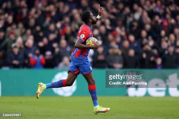 Odsonne Edouard of Crystal Palace collects the ball after scoring their side's first goal during the Premier League match between Crystal Palace and...