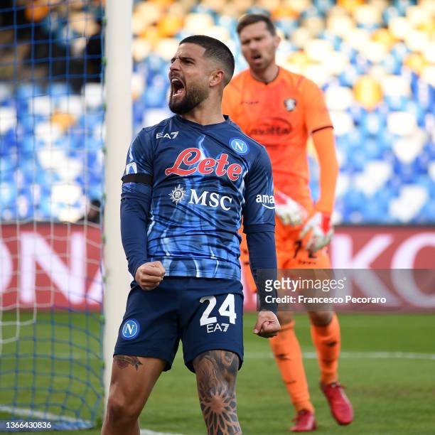 Lorenzo Insigne of SSC Napoli celebrates after a penalty given during the Serie A match between SSC Napoli and US Salernitana at Stadio Diego Armando...