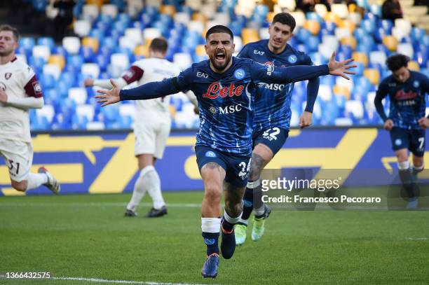 Lorenzo Insigne of SSC Napoli celebrates after scoring the 4-1 goal during the Serie A match between SSC Napoli and US Salernitana at Stadio Diego...
