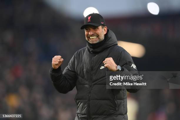 Jurgen Klopp, Manager of Liverpool celebrates after victory in the Premier League match between Crystal Palace and Liverpool at Selhurst Park on...
