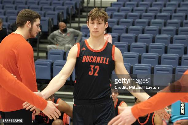 Jake van der Heijden of the Bucknell Bison is introduced before a college basketball game against the American University Eagles at Bender Arena on...