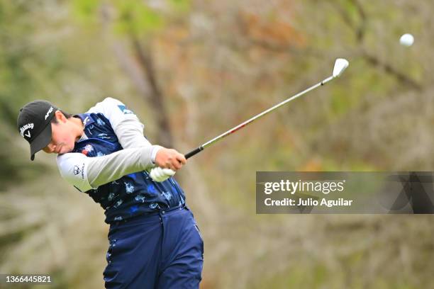 Yuka Saso of Japan plays her shot from the sixth tee during the final round of the 2022 Hilton Grand Vacations Tournament of Champions at Lake Nona...