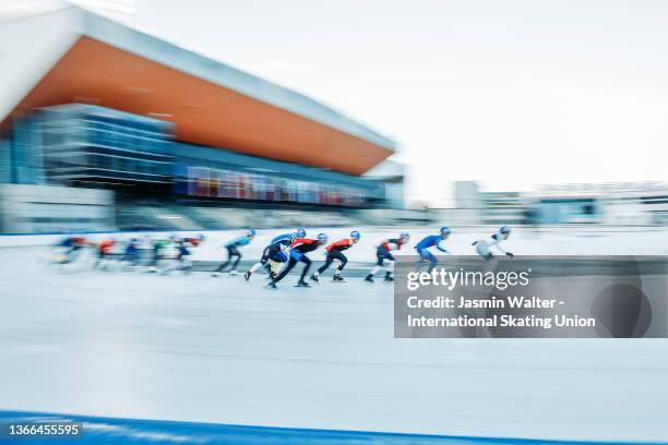 Athletes perform during the mens mass start ISU Junior World Cup Speed Skating at Tivoli Stadium on January 23, 2022 in Innsbruck, Austria.