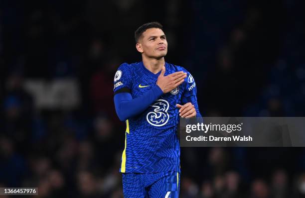 Thiago Silva of Chelsea acknowledges the fans following victory in the Premier League match between Chelsea and Tottenham Hotspur at Stamford Bridge...