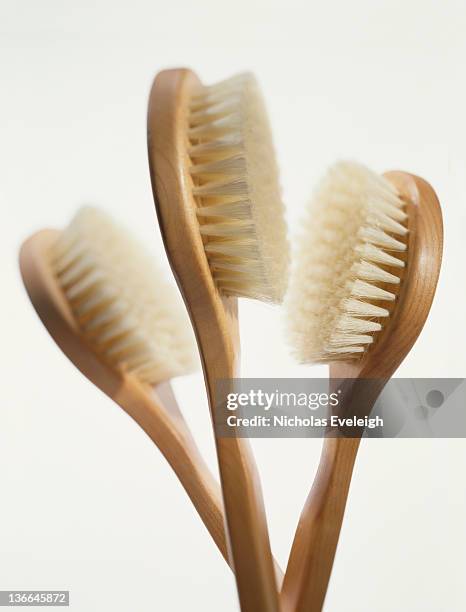 three scrubing bath brushes - back brush stock pictures, royalty-free photos & images