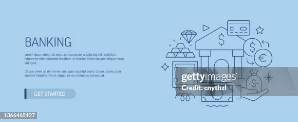 stockillustraties, clipart, cartoons en iconen met banking related web banner line style. modern design vector illustration for web banner, website header etc. stock illustration - bank cartoon