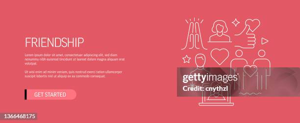 friendship related web banner line style. modern design vector illustration for web banner, website header etc. stock illustration - millennials having fun stock illustrations