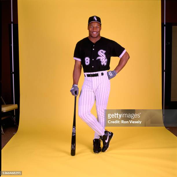 Bo Jackson of the Chicago White Sox poses for a portrait at Comiskey Park in Chicago, Illinois. Jackson played for the Chicago White Sox from...