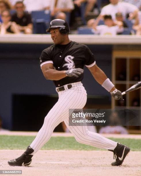 Bo Jackson of the Chicago White Sox bats during the 1993 season at Comiskey Park in Chicago, Illinois.Jackson played for the Chicago White Sox from...