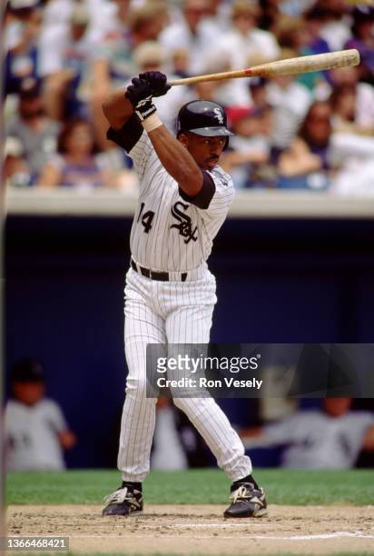 Julio Franco of the Chicago White Sox bats during an MLB game at Comiskey Park in Chicago, Illinois during the 1994 season.